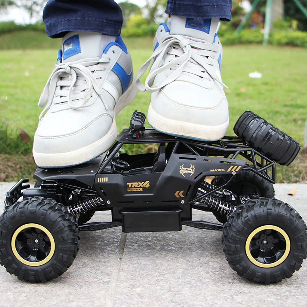 Large black 4WD remote control off-road climbing car on rough ground