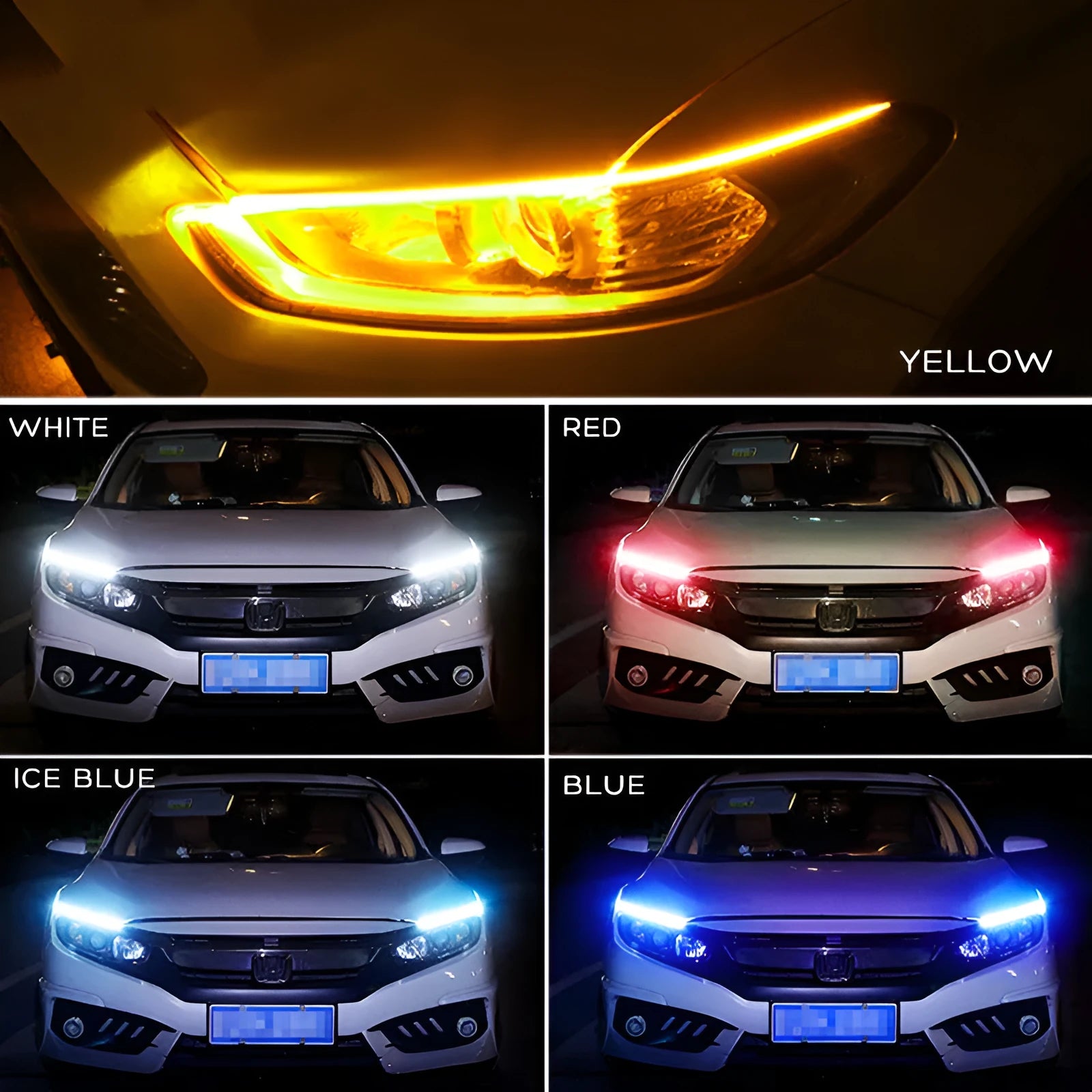 Flexible silicone LED strip light for car daytime running lights and animated turn signals.