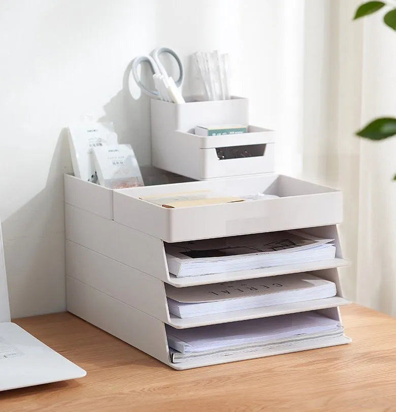 White PP plastic A4 document storage file box holder with three size options on a plain background