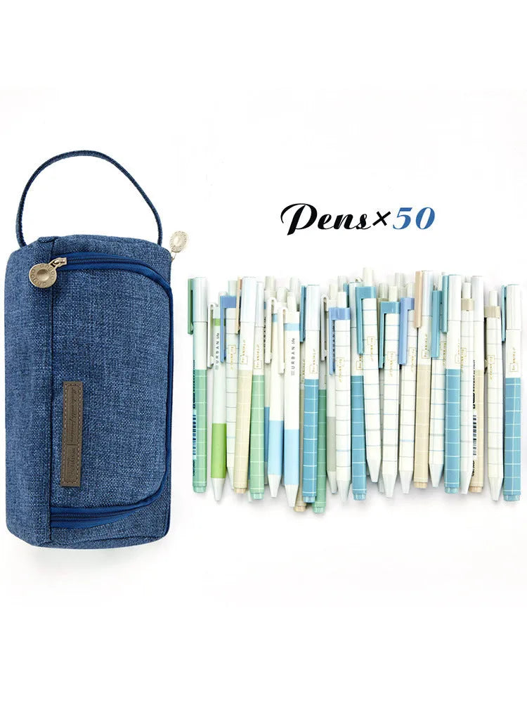Square canvas pencil case with striped pattern, Korean style, in one of 15 colours