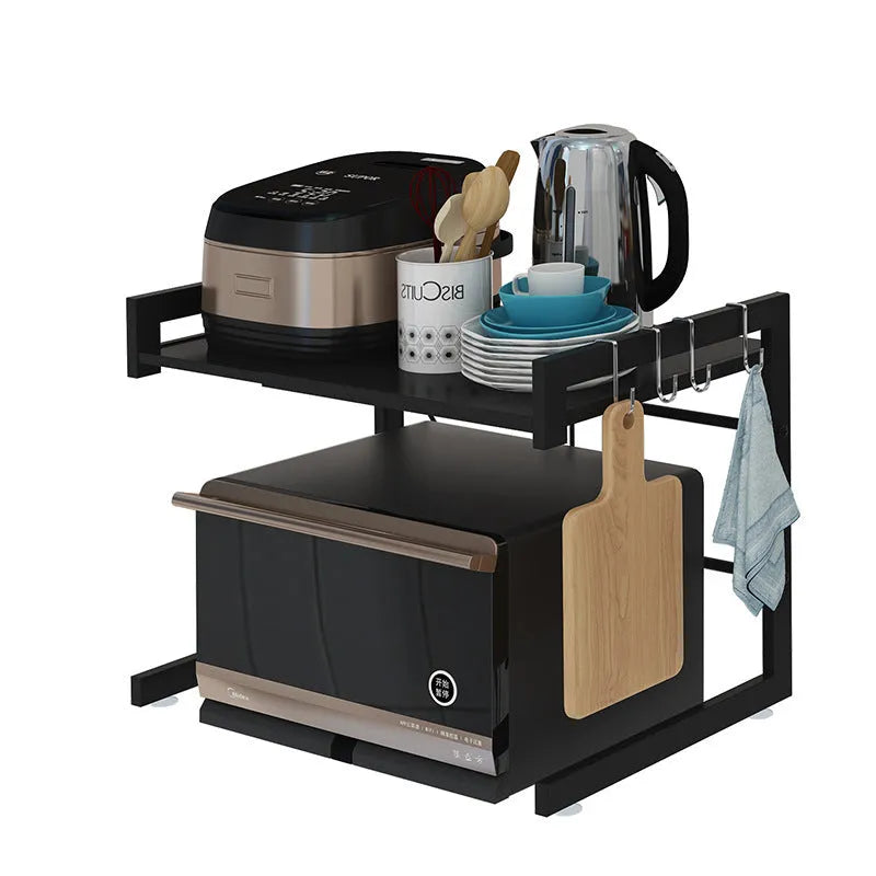 Retractable metal kitchen microwave rack on countertop with 2-layer shelf and no-punch installation