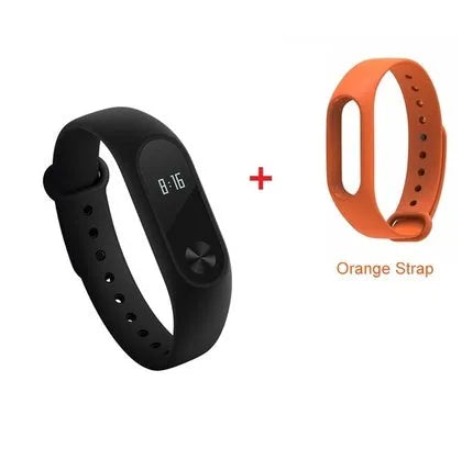 Xiaomi Mi Band 2 black fitness band with OLED screen on an adjustable wrist strap.