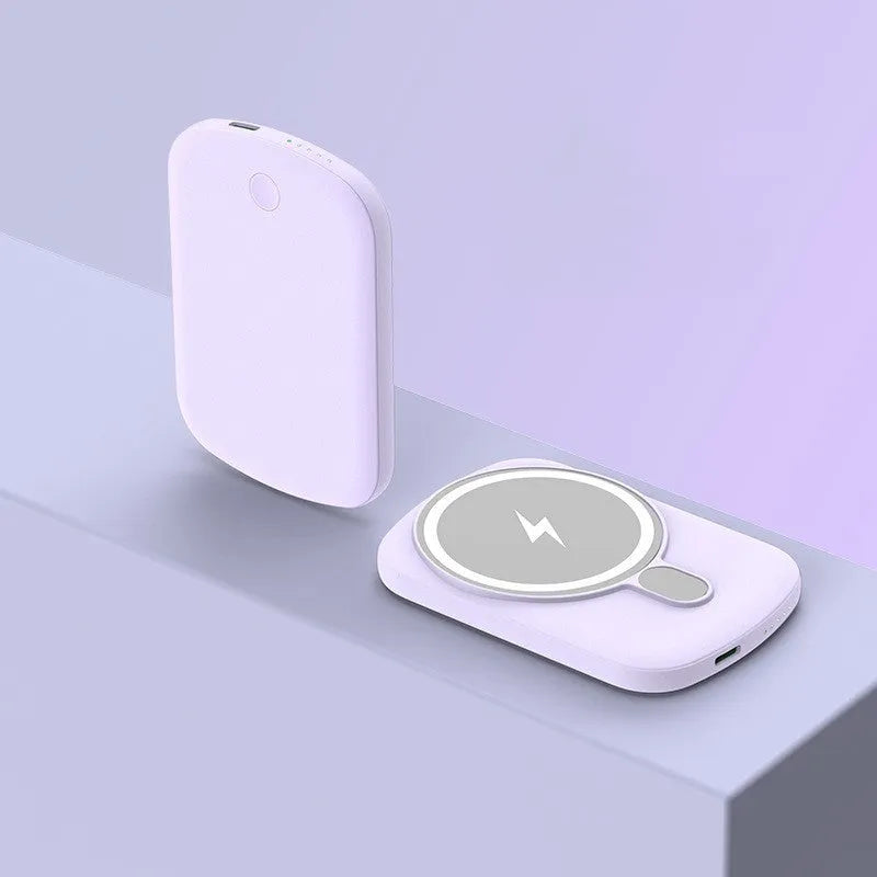 Magsafe magnetic wireless power bank in Barbie Pink colour showing compact design with creative styling