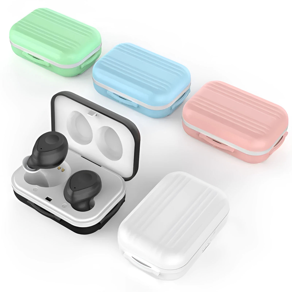 M1012 Macaron wireless sports headphones with charging bin, shown in Black, Green, Pink, Sky Blue or White