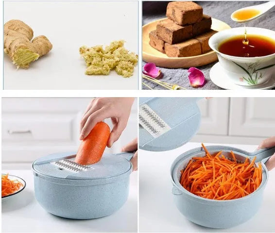 8-in-1 mandoline slicer with stainless steel blades, container, drain basket, and hand protector in blue