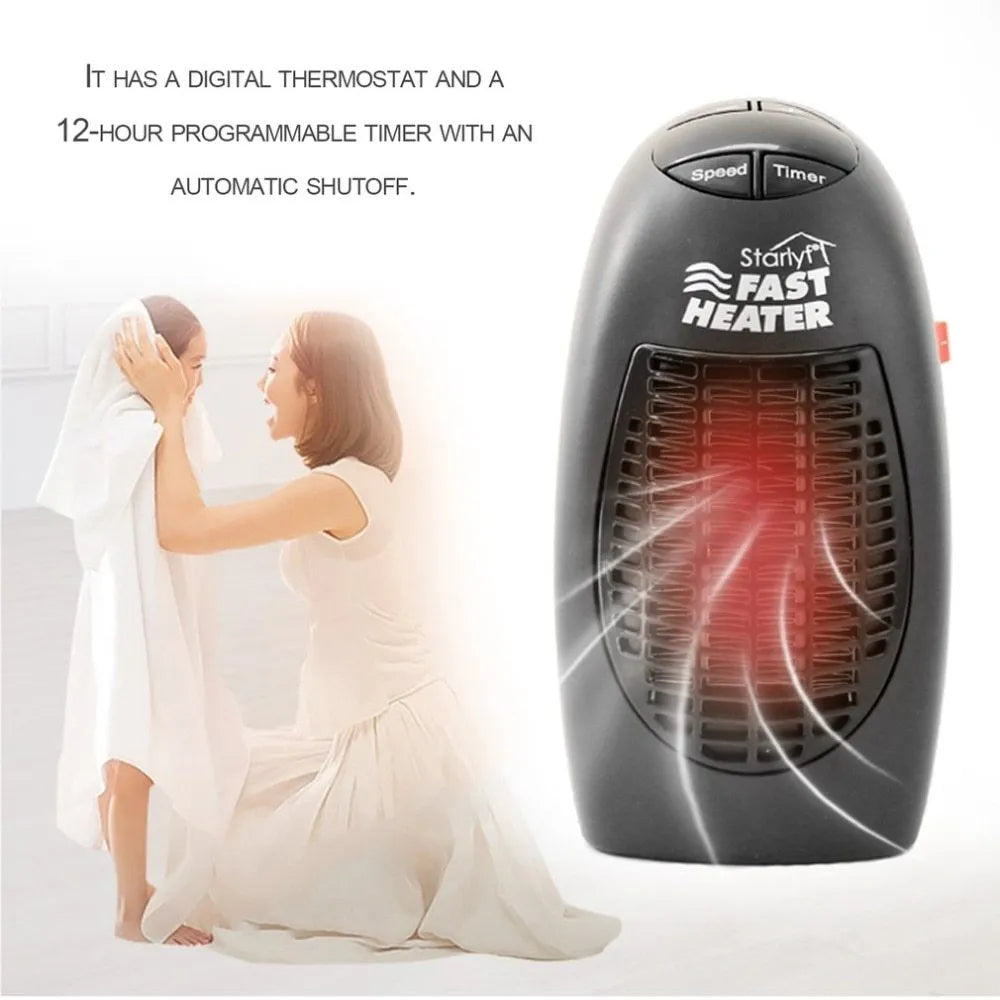 Black mini electric ceramic heater with digital display and a rotating three-prong plug on a desk.
