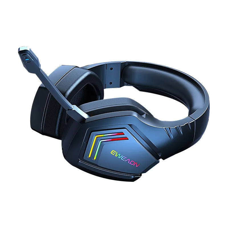 Black wireless Bluetooth headset with RGB lighting and over-ear design for noise reduction