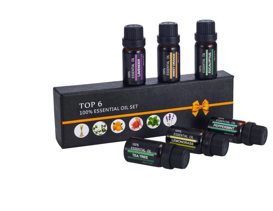 Six 10ml aromatherapy massage oil bottles with lavender, tea tree and citrus essential oil blends
