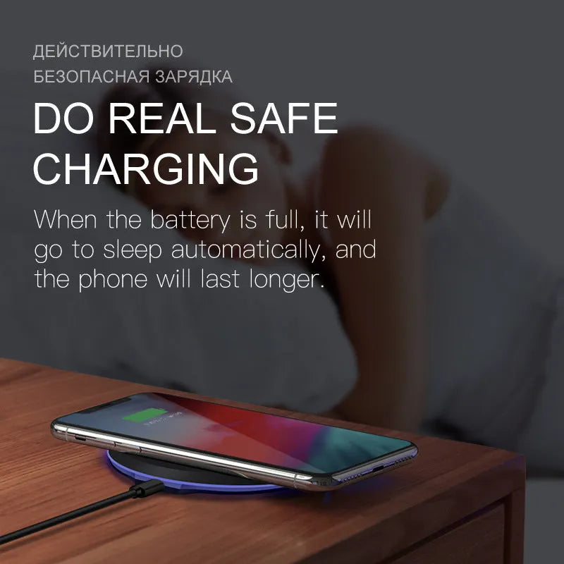 Black 10W 5W wireless charger pad with ABS PC body and Micro USB cable