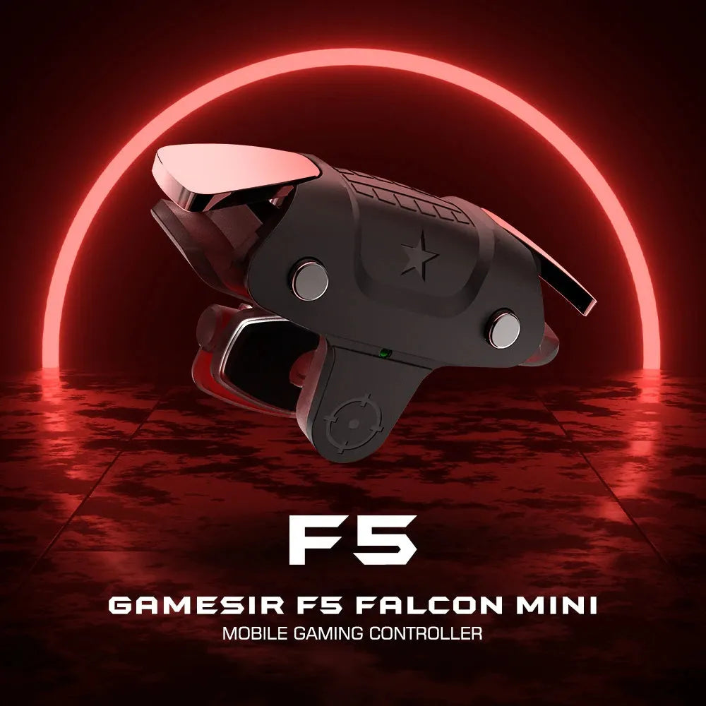Compact black F5 Bluetooth game controller for mobile phones next to a smartphone.