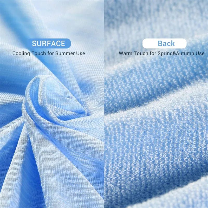 Cooling blanket in blue, grey, and pink colours on a bed, showing the polyester weave and Q-Max cooling fiber technology