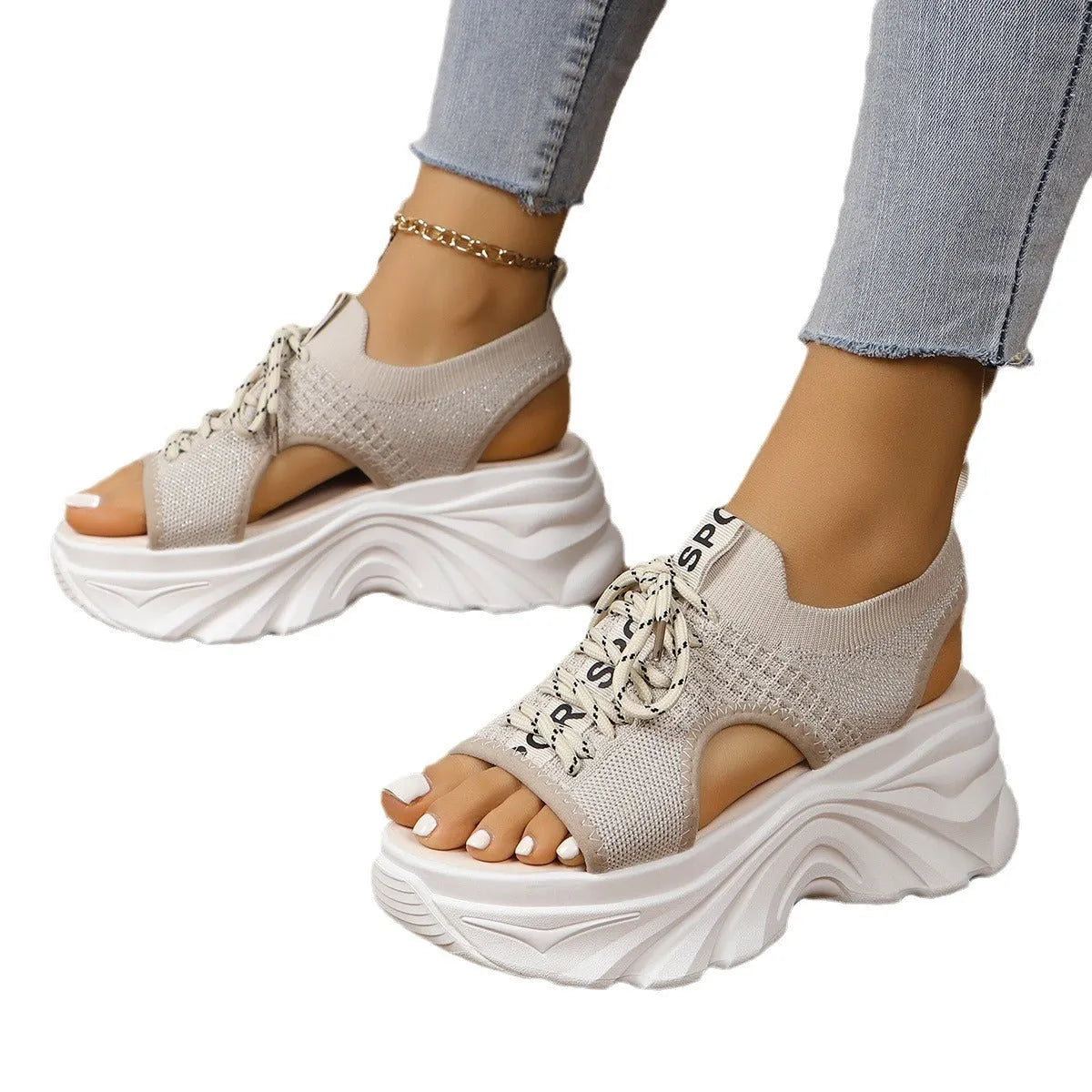 Women's hollowed-out mid heel mesh platform sandals in beige, front lace-up, round toe