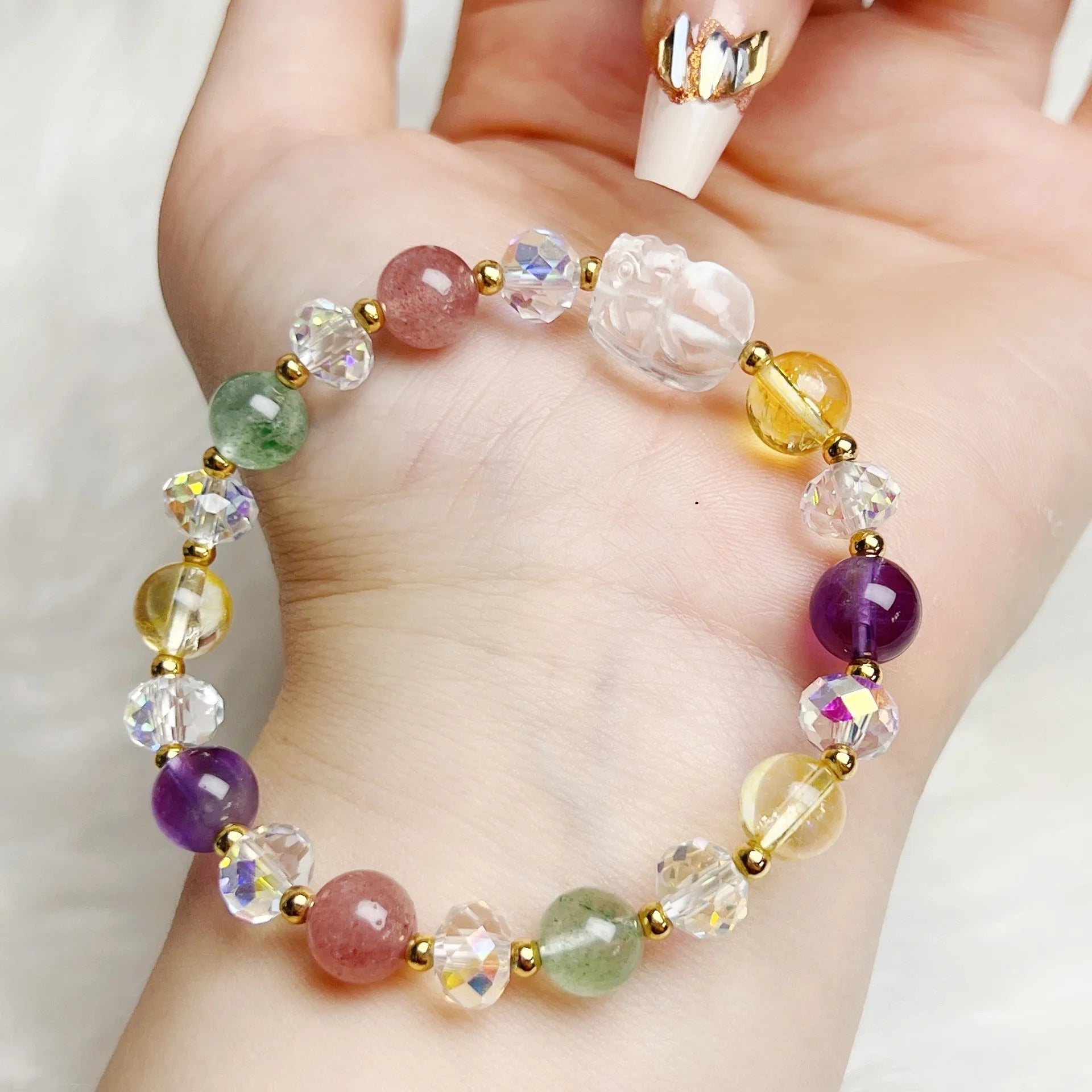 Handmade crystal bracelet with Phoenix Nine Tail Fox animal zodiac charm on adjustable band.
