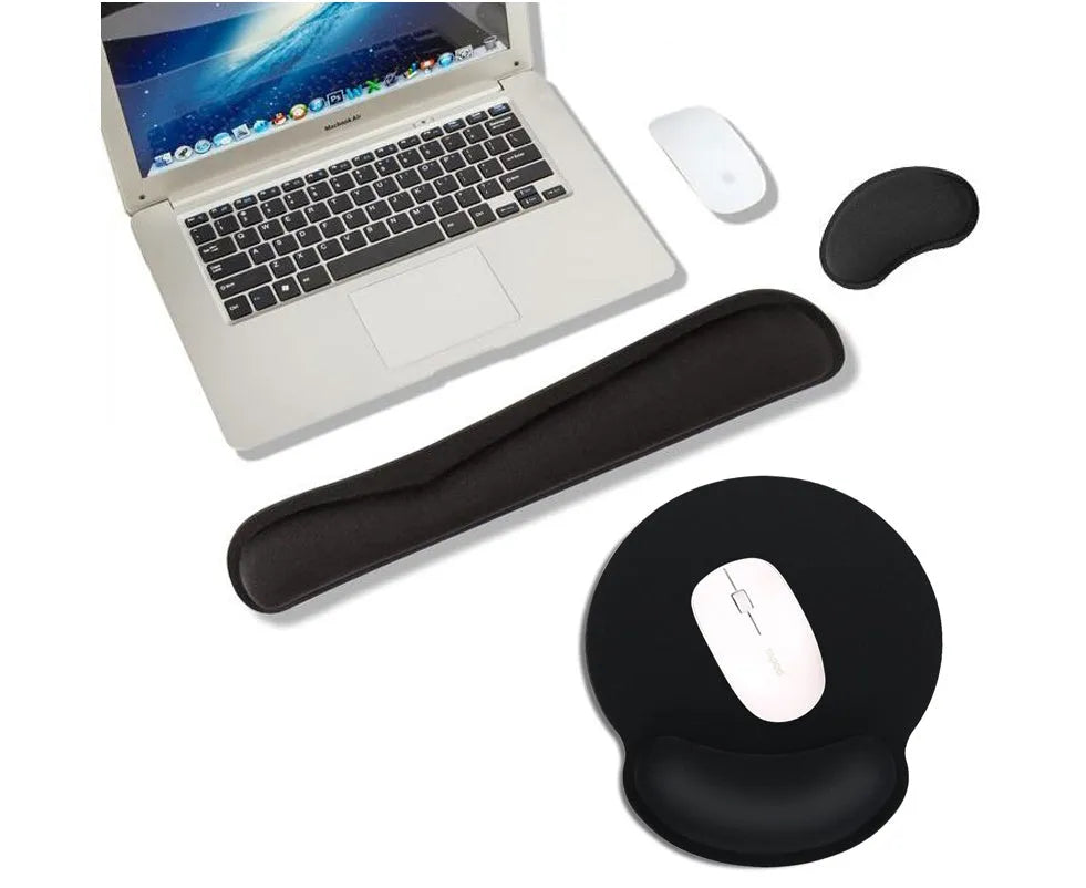Black ergonomic wrist rest set with memory foam, non-slip natural rubber base, keyboard and mouse pads on desk