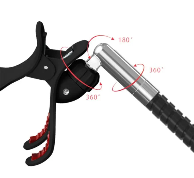 Black mobile phone bed bracket with adjustable overhead arm holding smartphone