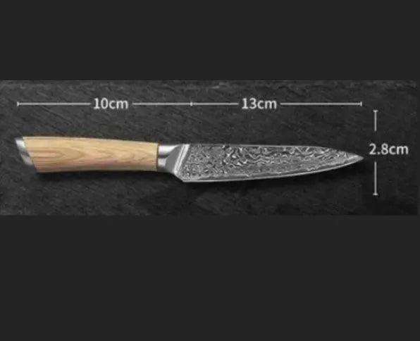 Damascus pattern kitchen knife set with V gold steel core showing 67-layer folded construction