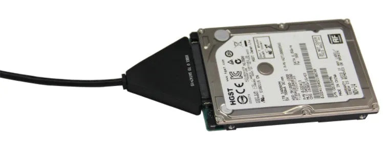 Black USB3.0 to SATA 7+15 pin hard drive adapter cable on a white background.