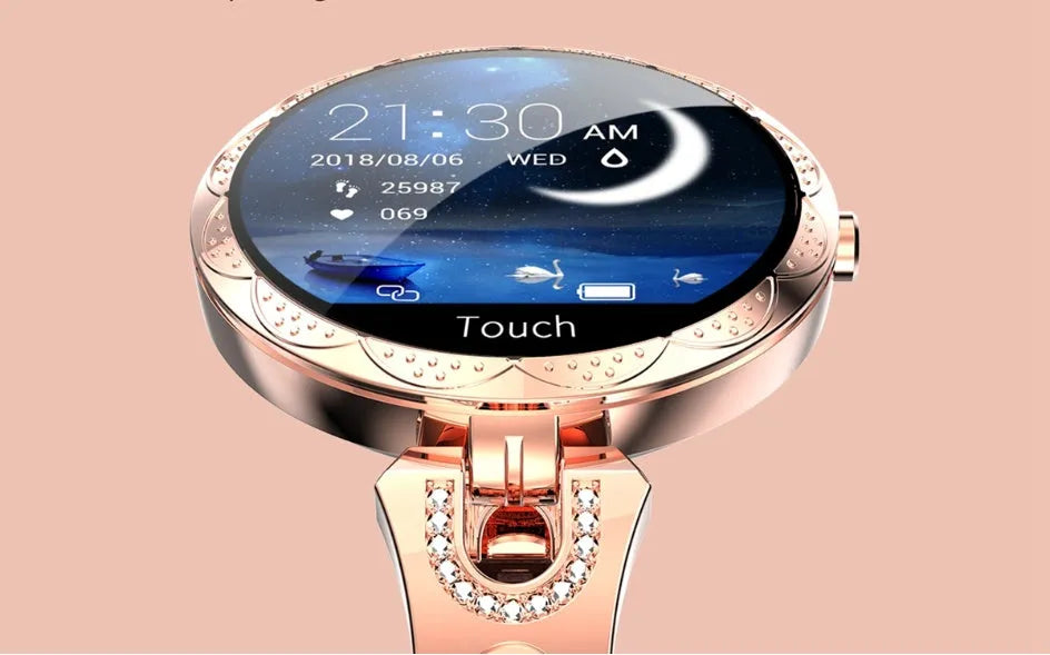 Women's smart watch with round 1.08-inch HD LCD screen and stainless steel strap, rose gold finish