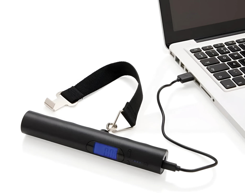 Black USB mobile power luggage scale with ABS body and blue backlit LCD display