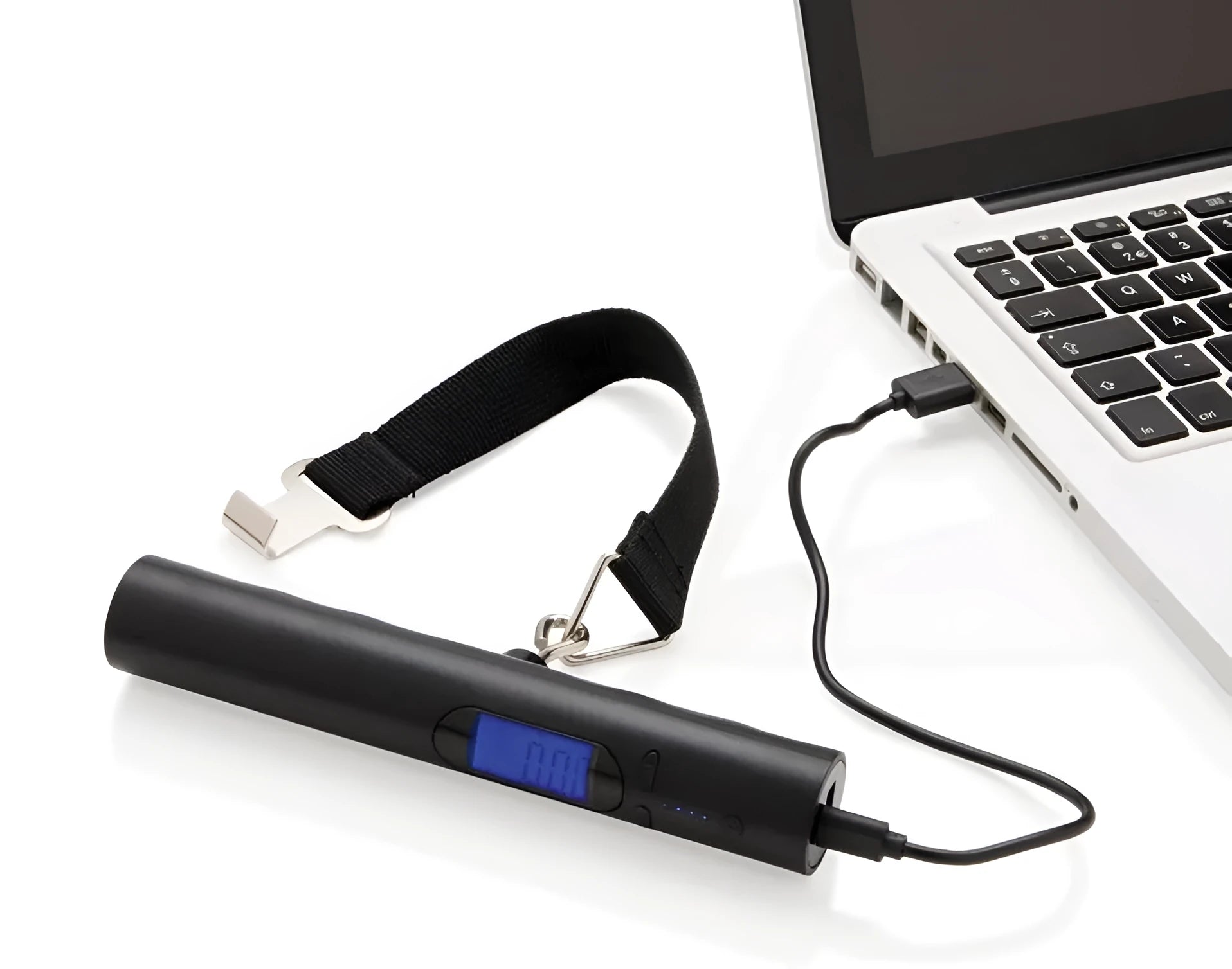 Black USB mobile power luggage scale with ABS body and blue backlit LCD display