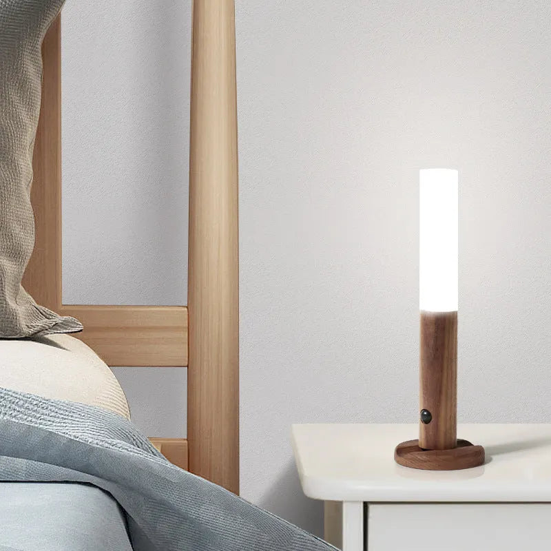 Smart sensor LED desk lamp in solid wood and glass on a wooden table