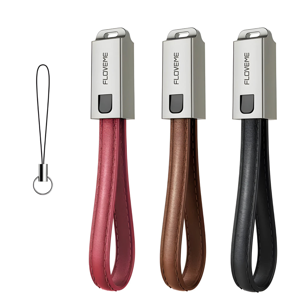 Short 20cm black leather USB to Apple Lightning charging cable with zinc alloy connector.