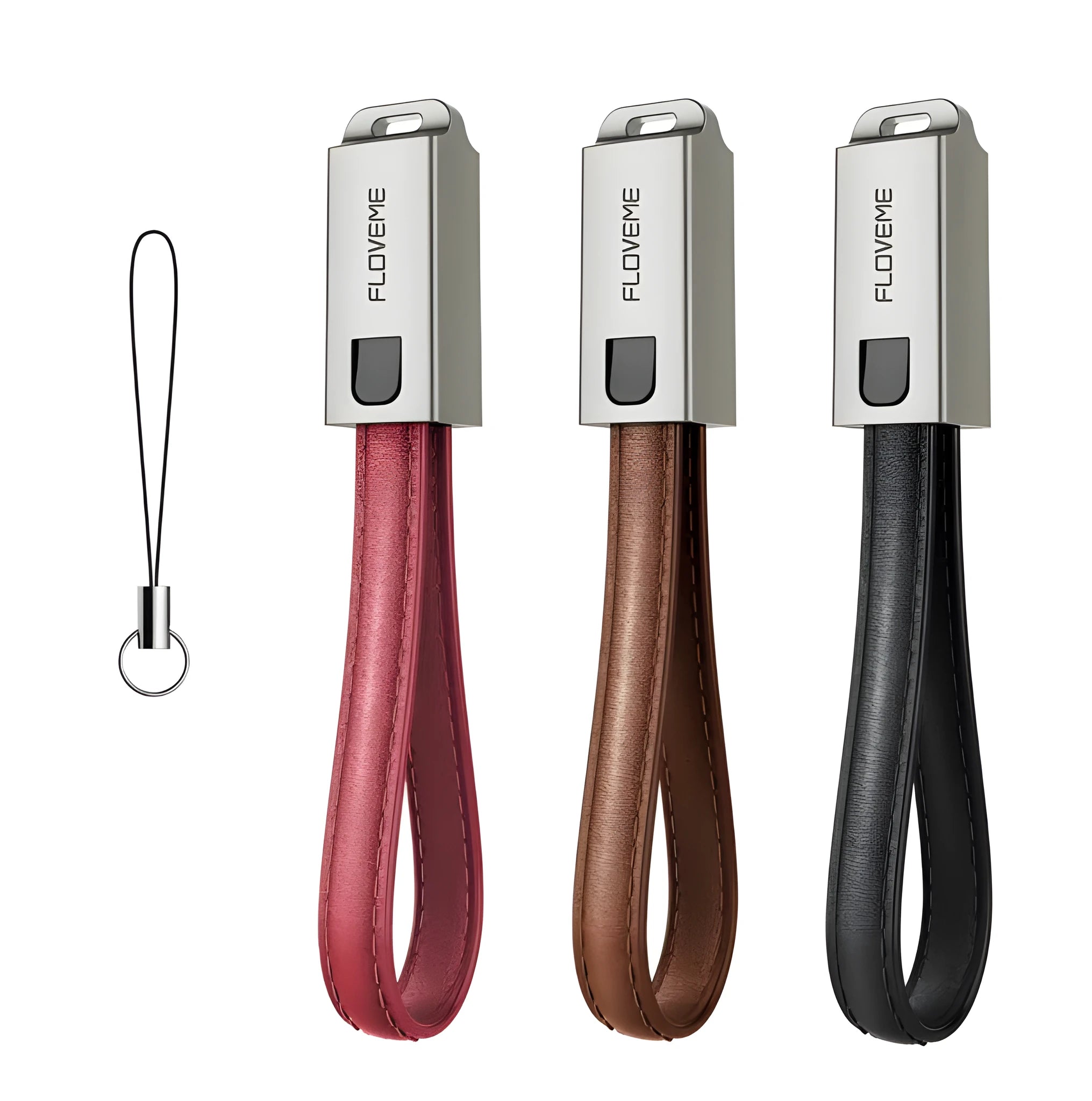 Short 20cm black leather USB to Apple Lightning charging cable with zinc alloy connector.
