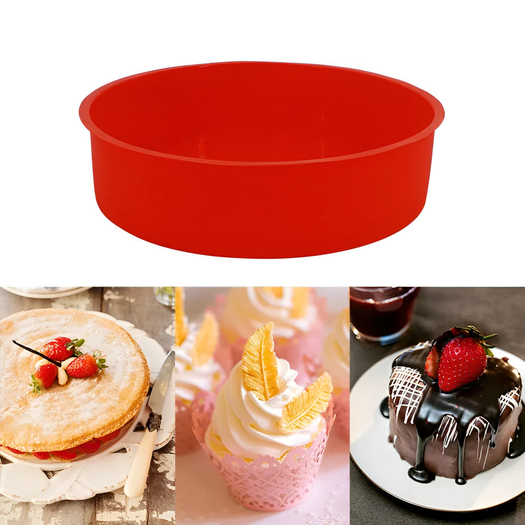 Red silicone round cake mould baking tray showing three sizes: 4 inch, 6 inch, and 8 inch diameters