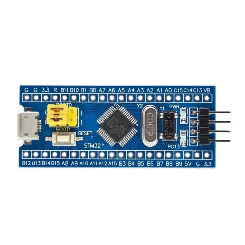 STM32F103C8T6 ARM Cortex-M3 development board showing microcontroller, Mini USB port, and connection headers