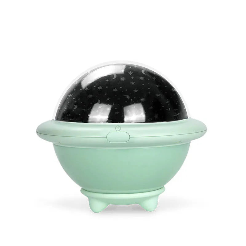 UFO-shaped starry sky projection night light in green, pink or white with 15.1cm cube dimensions