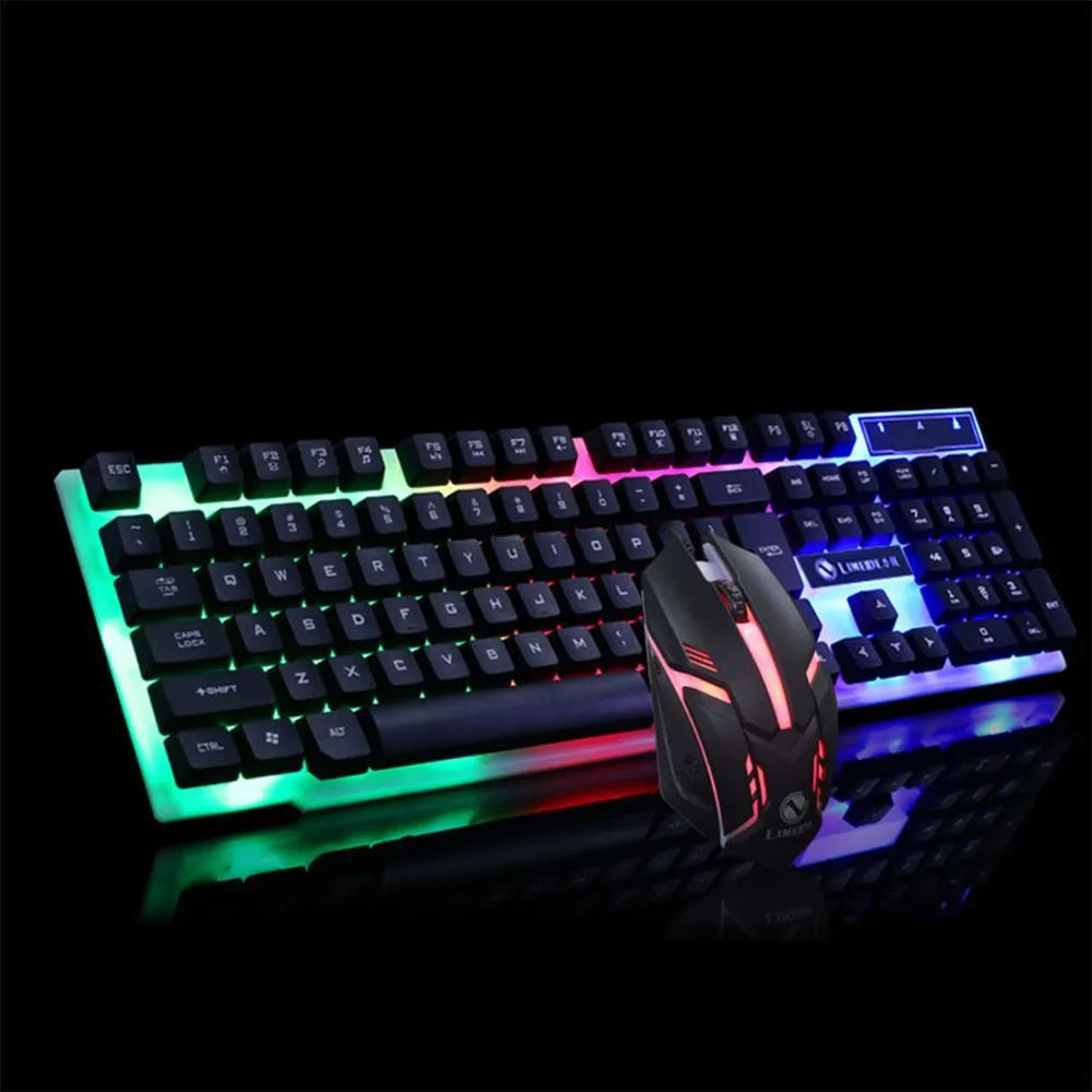 GTX300 black gaming keyboard and mouse set with glowing backlit keys and USB cables