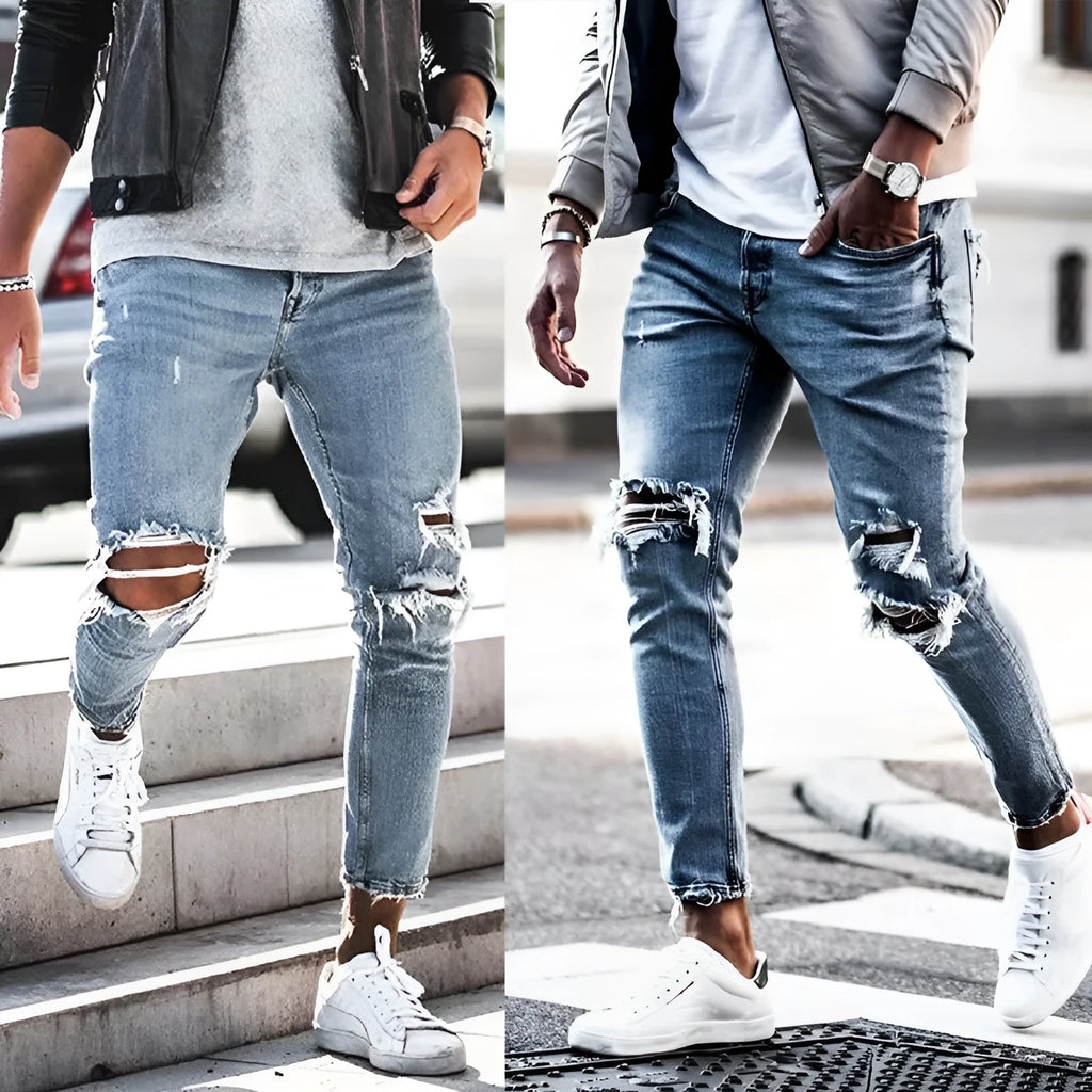 Men's light blue straight-leg distressed jeans with embroidery and washed finish, five-point length, mid-rise zip closure
