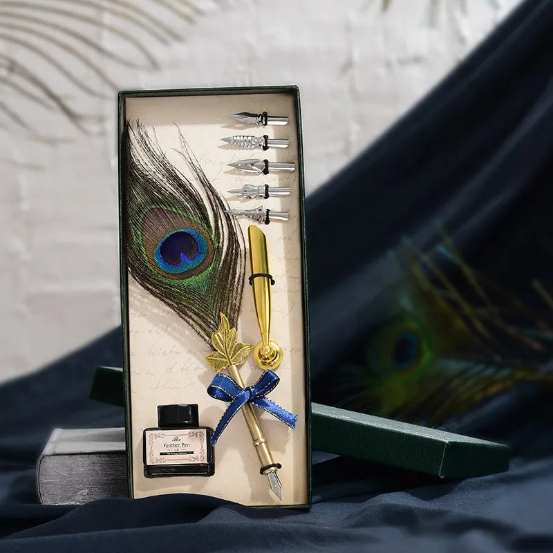 Retro green peacock feather pen set with ink bottle and base on a wooden desk