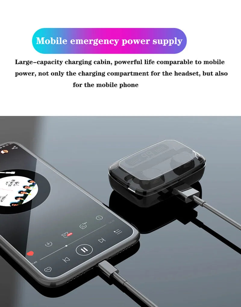 Black M11 style Bluetooth wireless headset with digital display and charging case with phone holder.