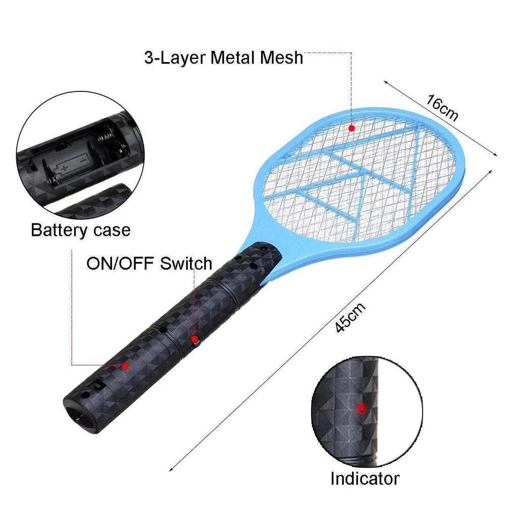 Battery electric mosquito swatter 45x16cm in blue colour on white background
