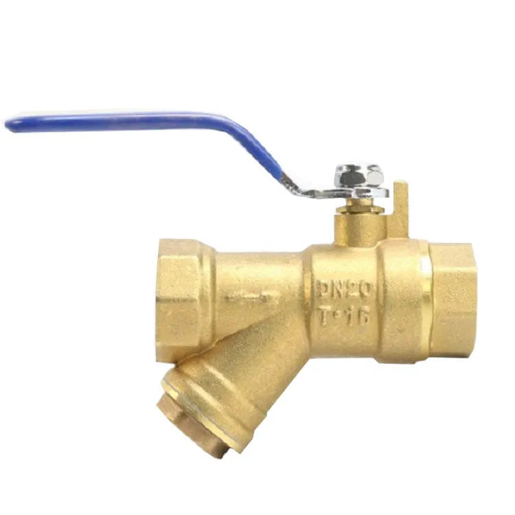 Brass Y-shaped filter ball valve with threaded connections for plumbing installation.