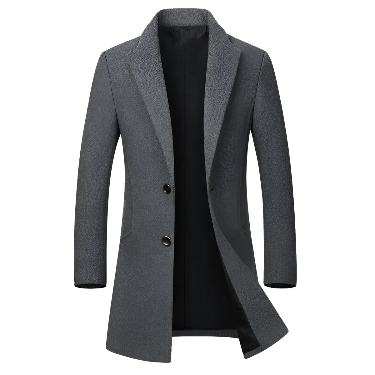 Men's long woolen trench coat in navy, black or grey with size chart from M to 5XL showing shoulder, bust, length and sleeve