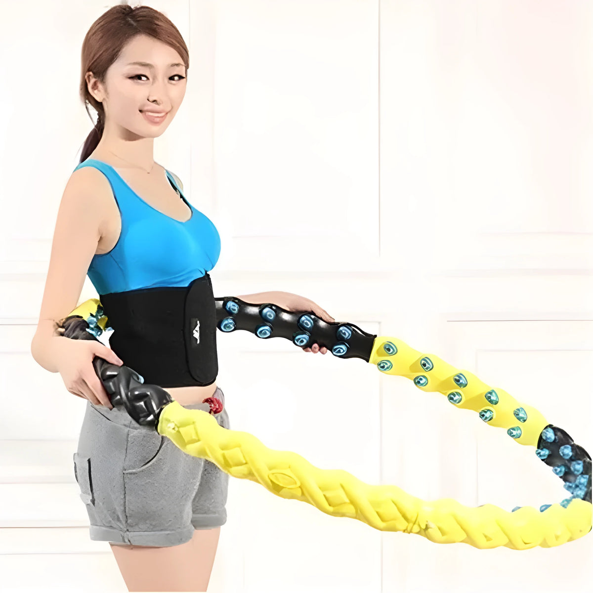 Yellow magnetic therapy hoop, detachable 8-piece design, 108cm fitness hoop for home workouts