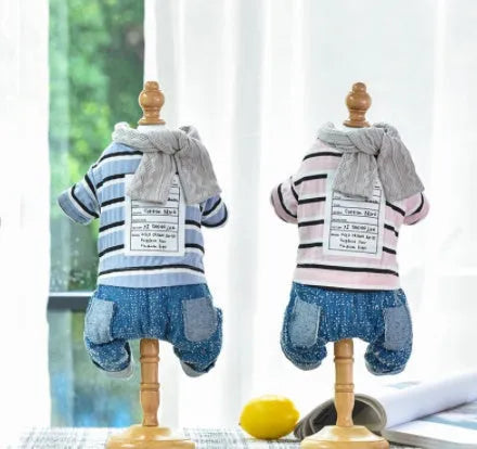Four legged baby pet clothes in blue or pink, cloth dog outfit with sizes XS to XXL