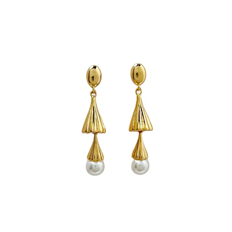 Gold geometric fringe ear clip earrings with long wind chime mosquito coil plate design on copper base