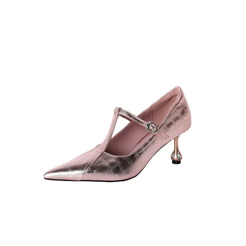 Genuine leather chunky heel Mary Jane pumps in gun colour, showing pointed toe and low-cut design.