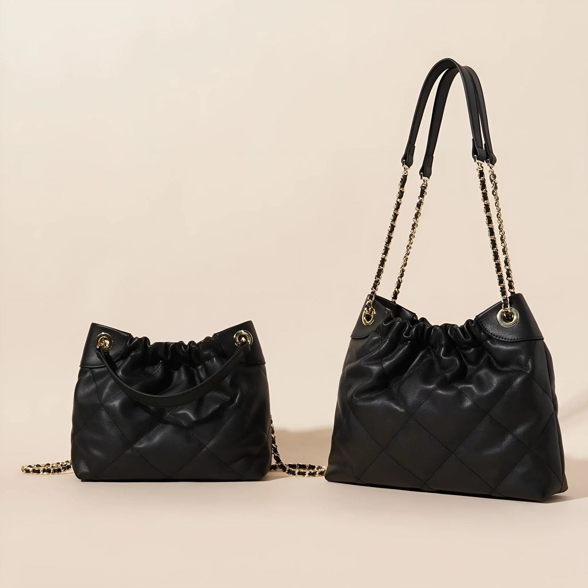 Black genuine leather bucket bag for women, first layer cowhide, urban simple style, large and small sizes available