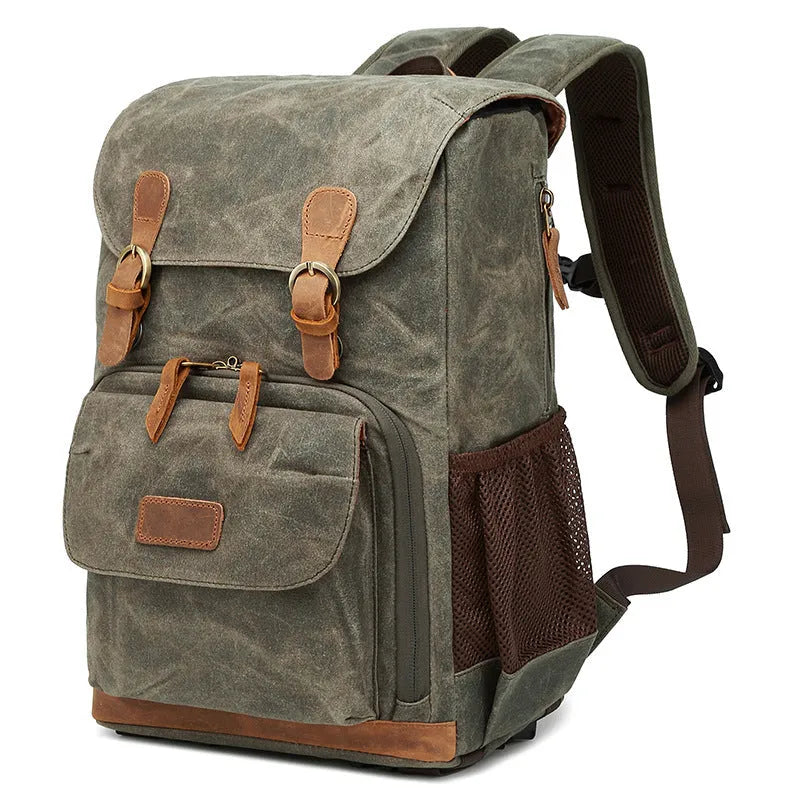 Canvas DSLR camera backpack in khaki colour, showing backpack straps and main compartment.