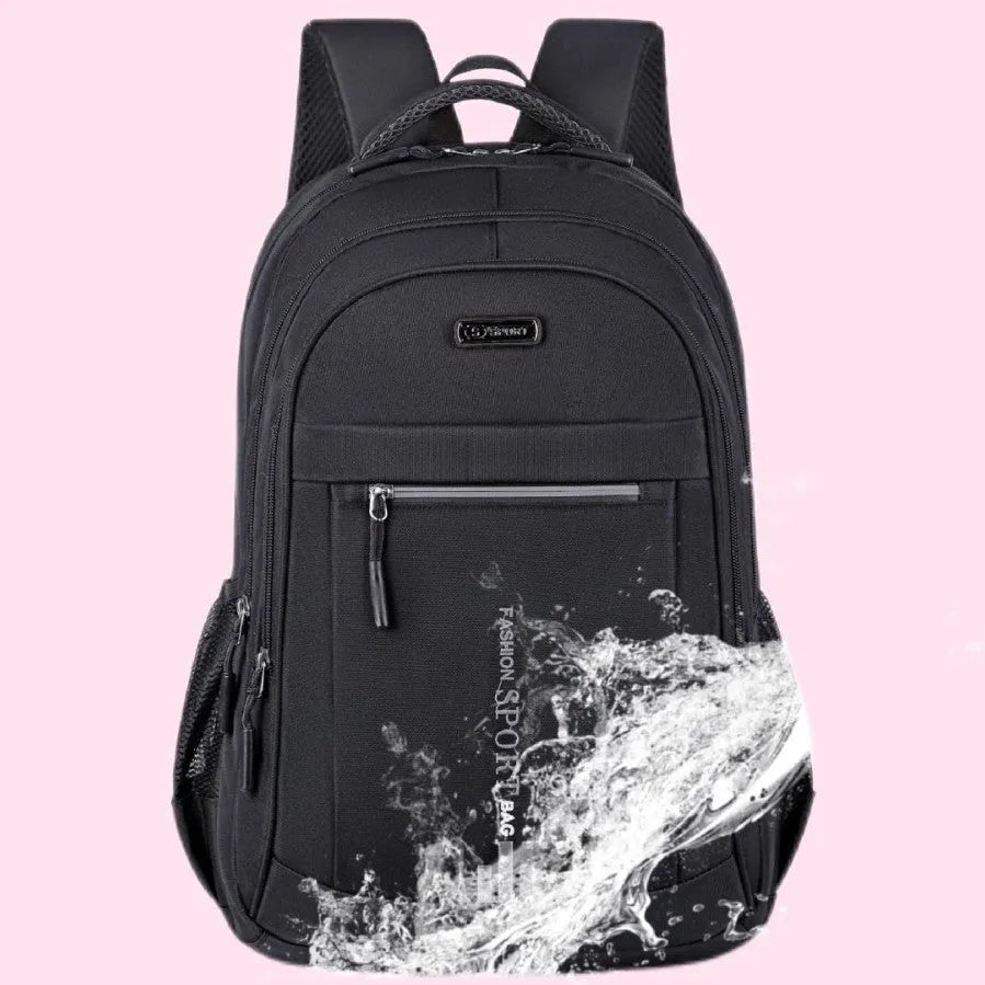 Black capacity business travel backpack with airpillow straps and sewing line detail.