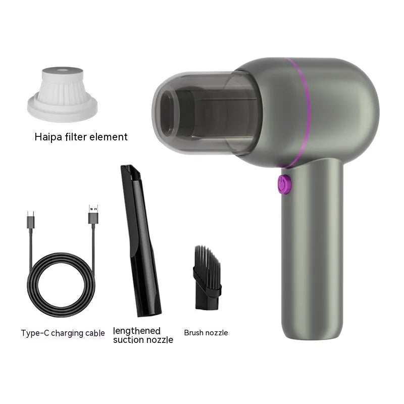 Portable handheld car cleaner vacuum in grey with brush nozzle and extended suction nozzle attachments