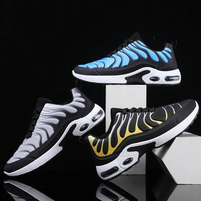 Colour-blocked lace-up sneakers for men with breathable fabric upper, rubber sole, and air cushion support in black and grey