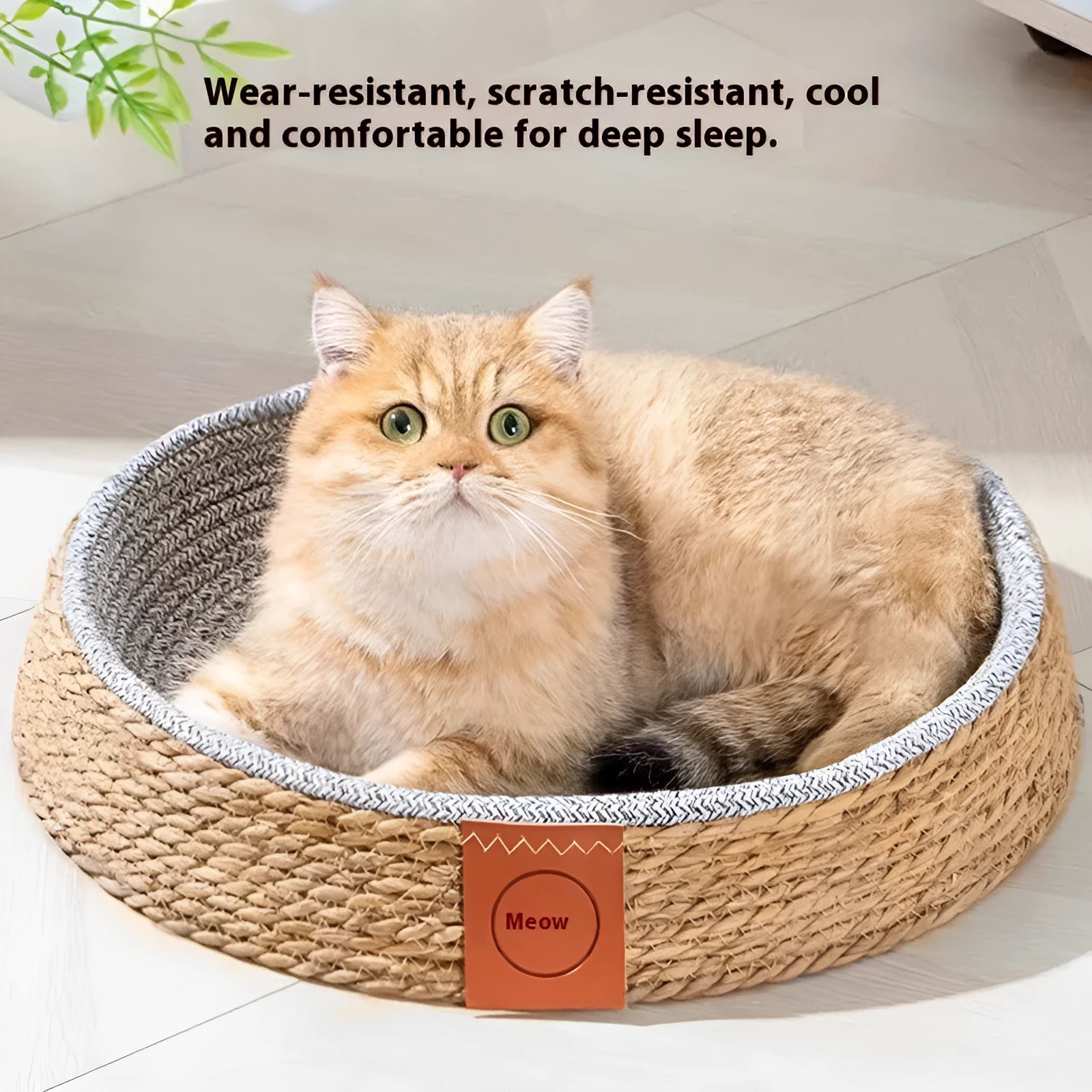 Natural woven rattan cat bed nest for small pets, shown in a size suitable for a cat.