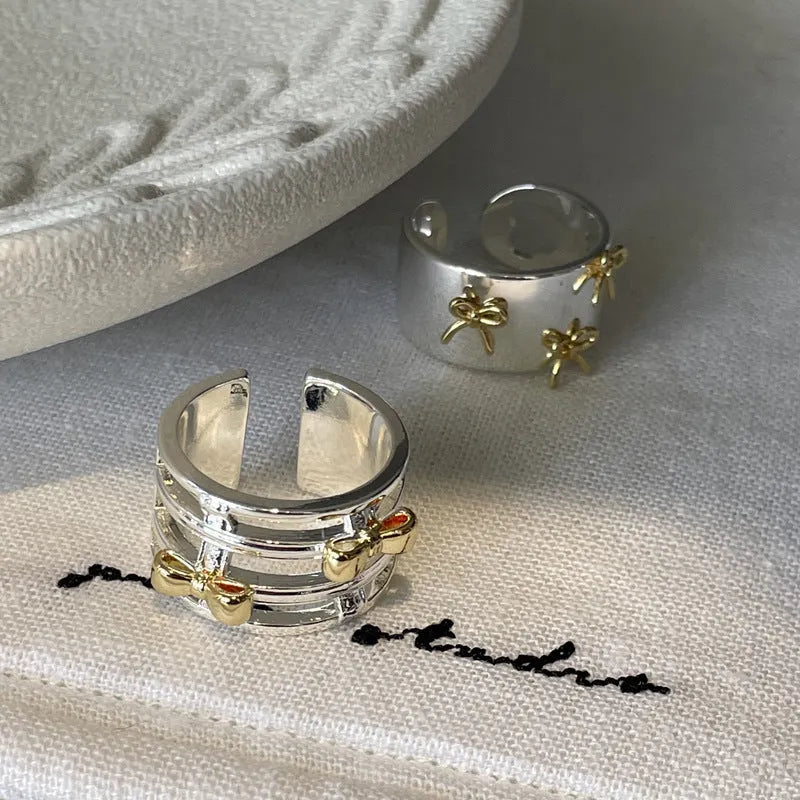 Cool Style gold and silver two-tone adjustable copper bow ring for women index finger