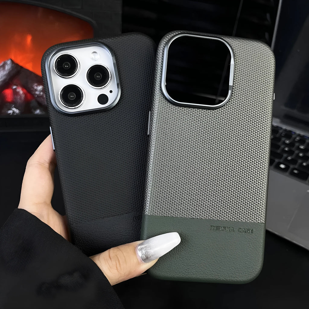 Magnetic iPhone case with dragon scale texture and leather stitching in black colour