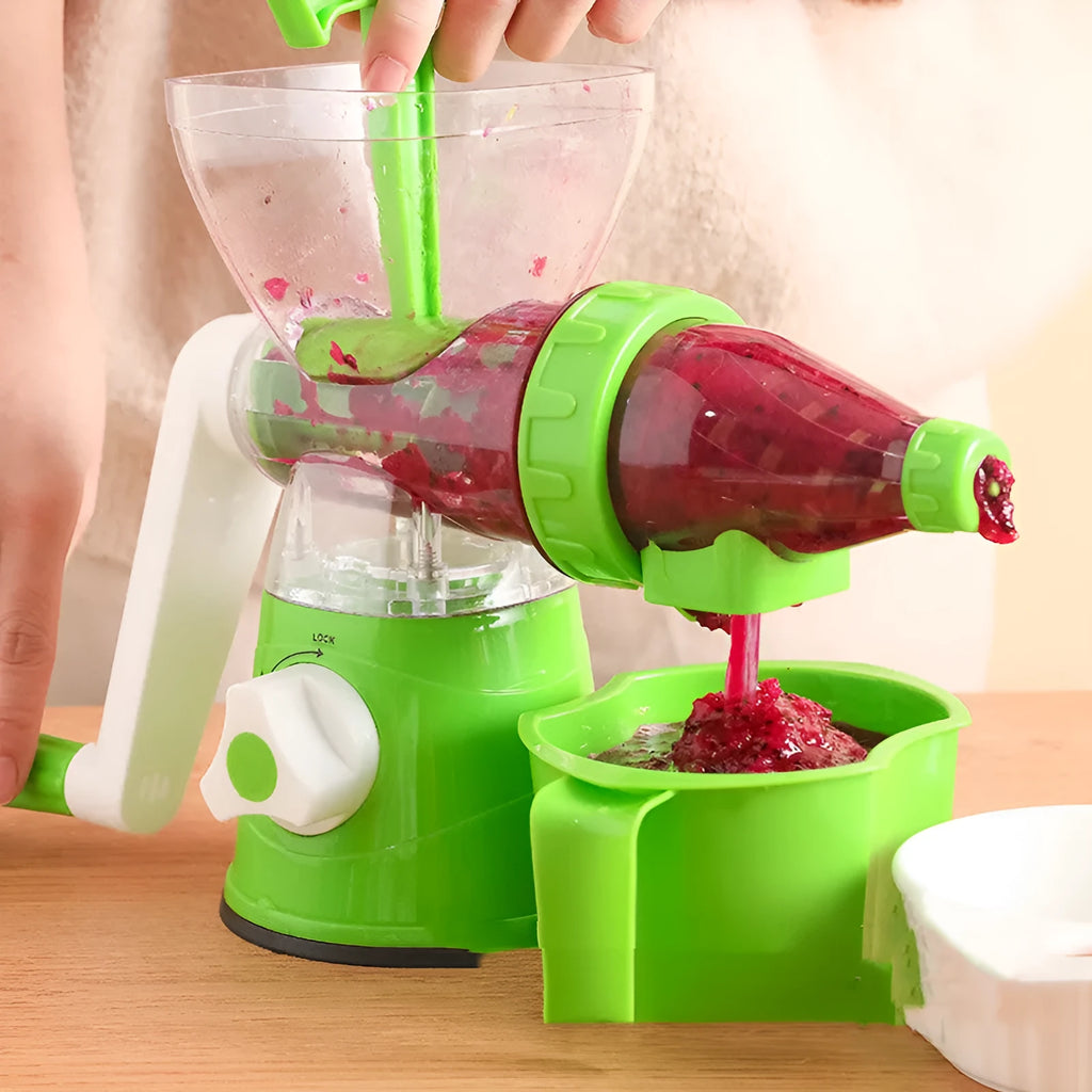 Manual plastic hand-crank juicer in red with lever fruit juice extractor for lemons oranges